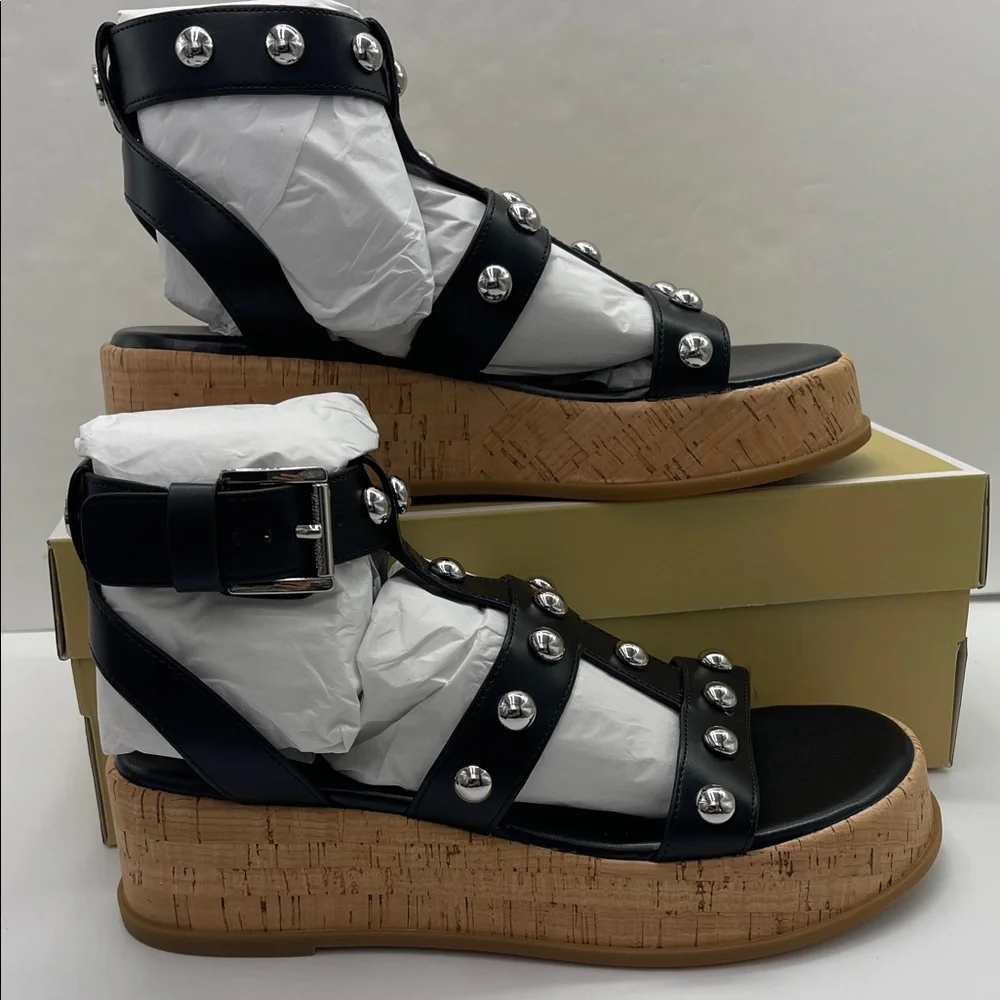 MICHAEL KORS Selah Studded Platform Gladiator Silver Studded Sandal Black New